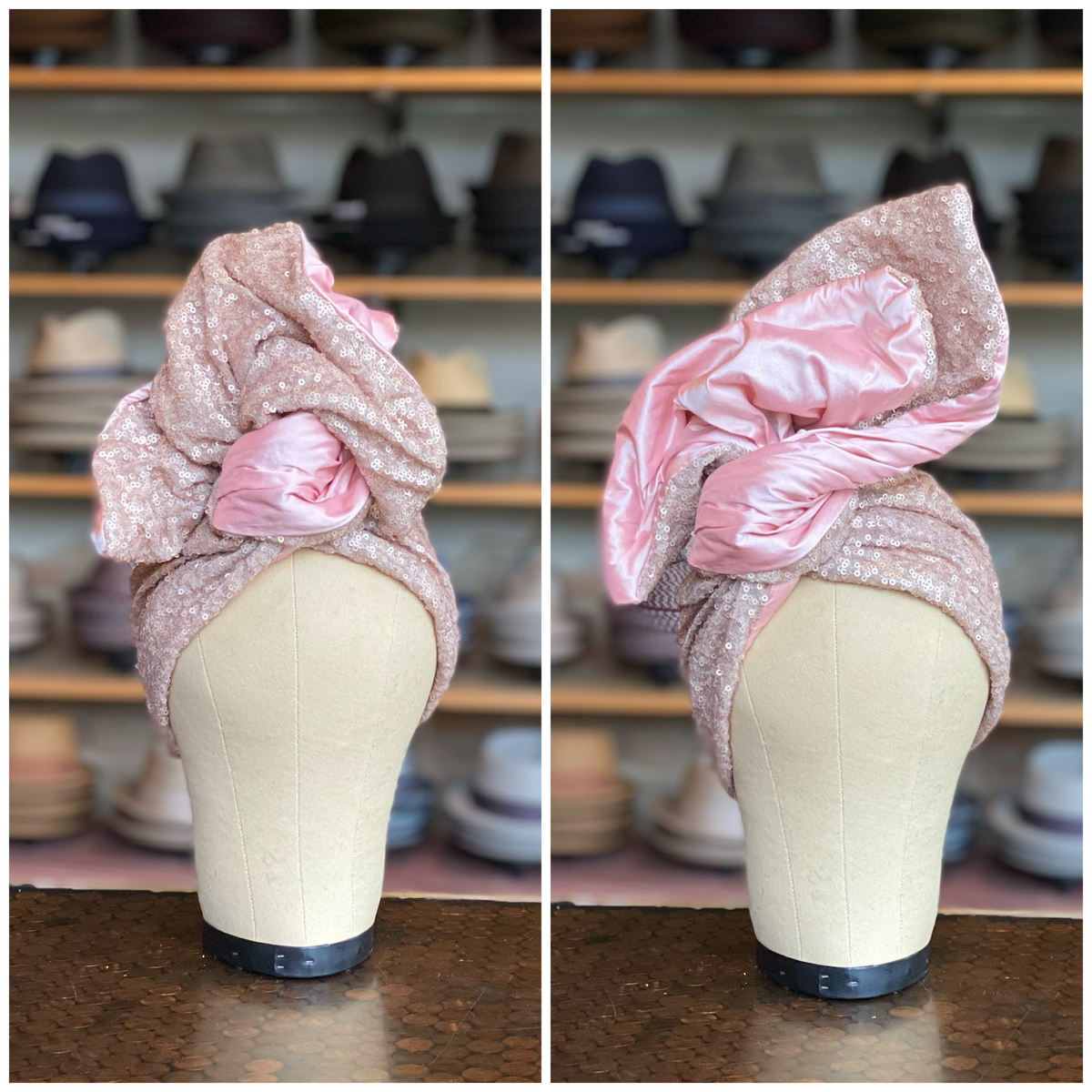 Sequin Twisturban in soft pink fabric with shimmering sequins and shiny satin twist detail, displayed on a mannequin head against a backdrop of various hats on shelves.
