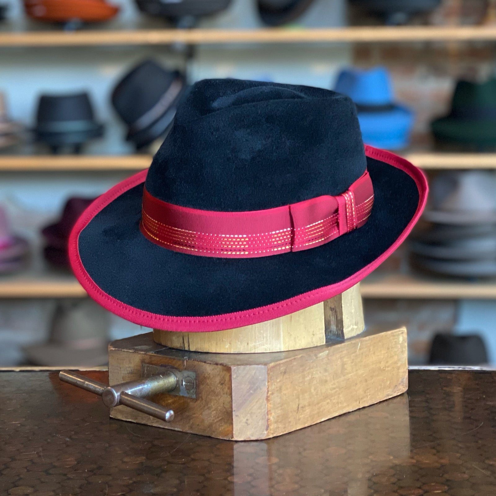 Blue Felt Fedora Teardrop Hat With Black Band One Size With Adjustable Ribbon Blue Ribbon Band Fedora Mens Hat – Animo Hat & Apparel main image 4