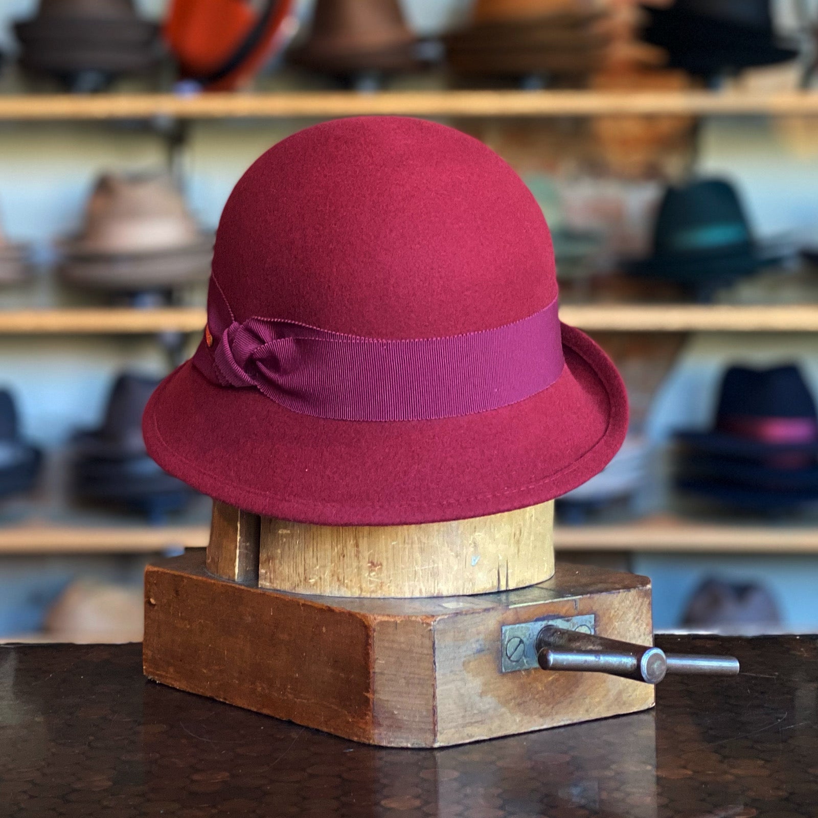 Vintage red wool felt cloche hat detailed with a matching side bow Hat, Red Felted Wool Cloche Hat, Charm main image 2