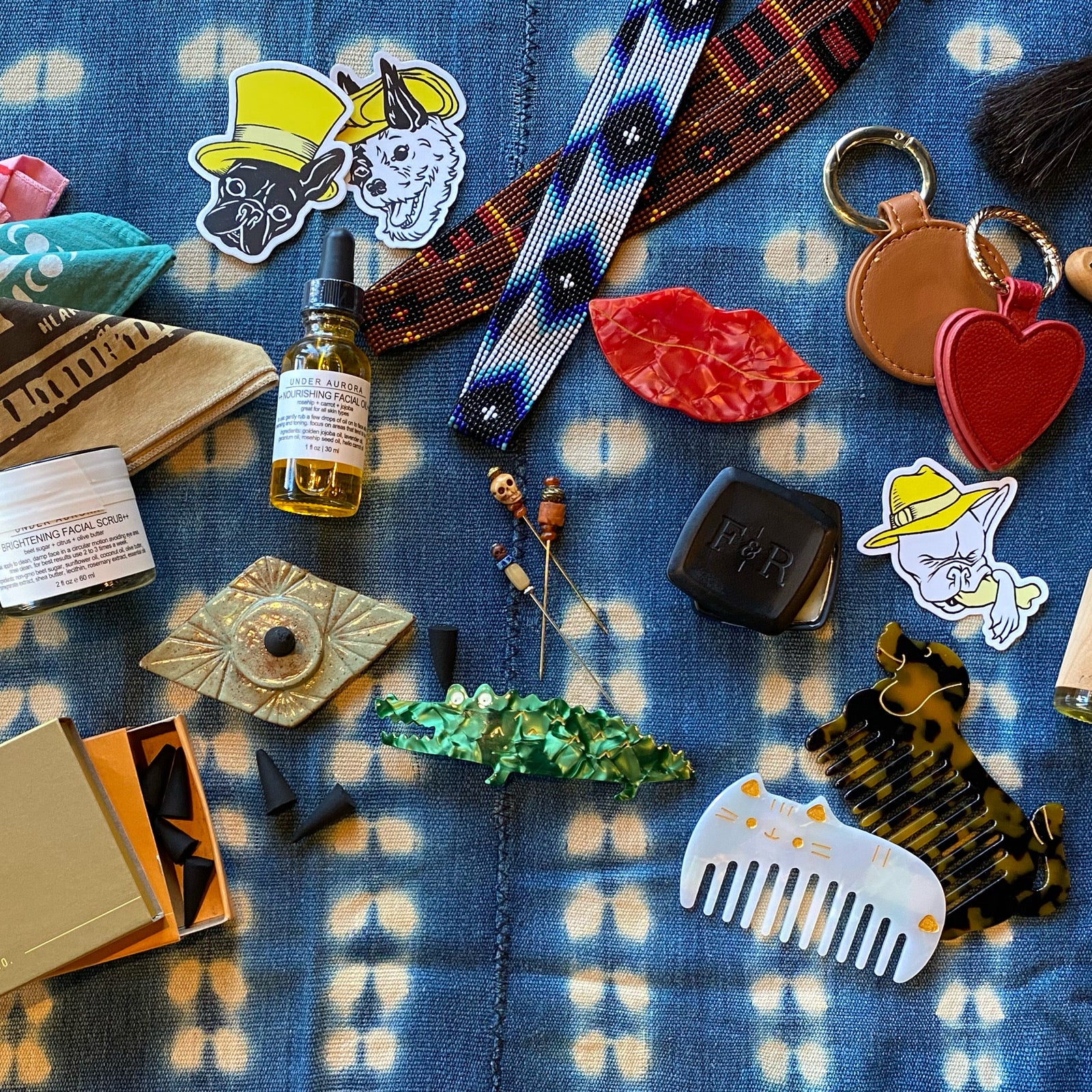 beaded hat bands, hat magnets, fragrance, hair clips and combs