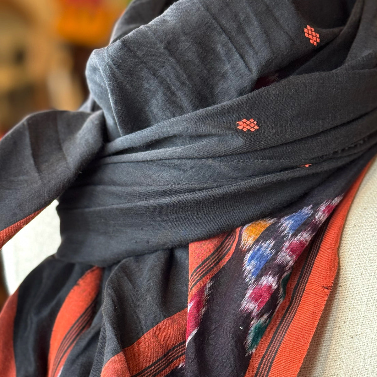 Black Ikat Sari Fragment