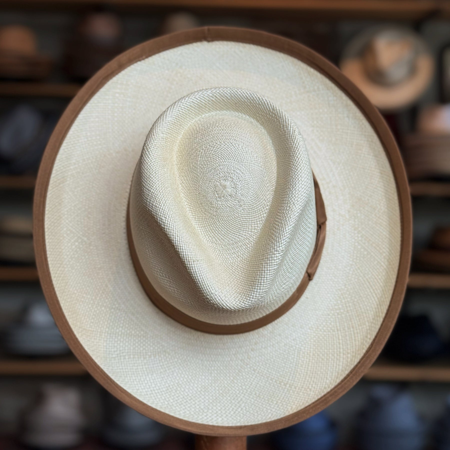 Gaudi Wide Brim Panama Fedora featuring a light woven crown with a wide natural brim trimmed in brown, displayed against a background of various hats.