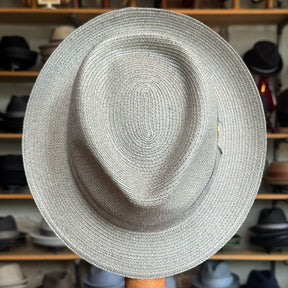 Light gray woven linen fedora hat with a smooth crown and wide brim, showcasing the Linen Maleo Fedora style perfect for stylish warm-weather wear.