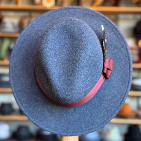 Sonora Fedora in charcoal gray felt with a wide brim, featuring a muted red band and decorative feather, displayed against a blurred background of various hats.