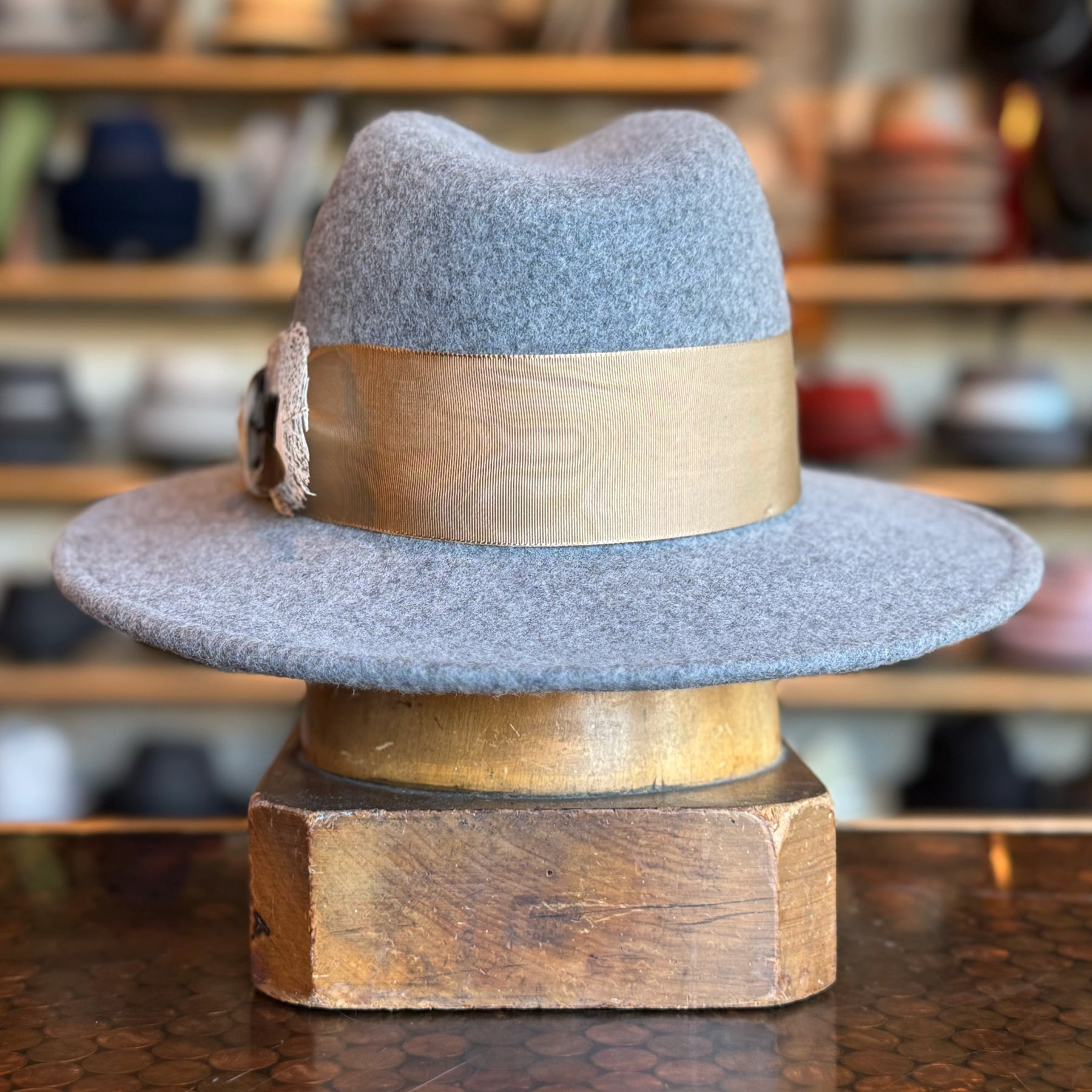 Sonora Fedora in soft grey felt with a wide beige ribbon band and decorative feather detail, displayed on a wooden hat stand in a shop setting.