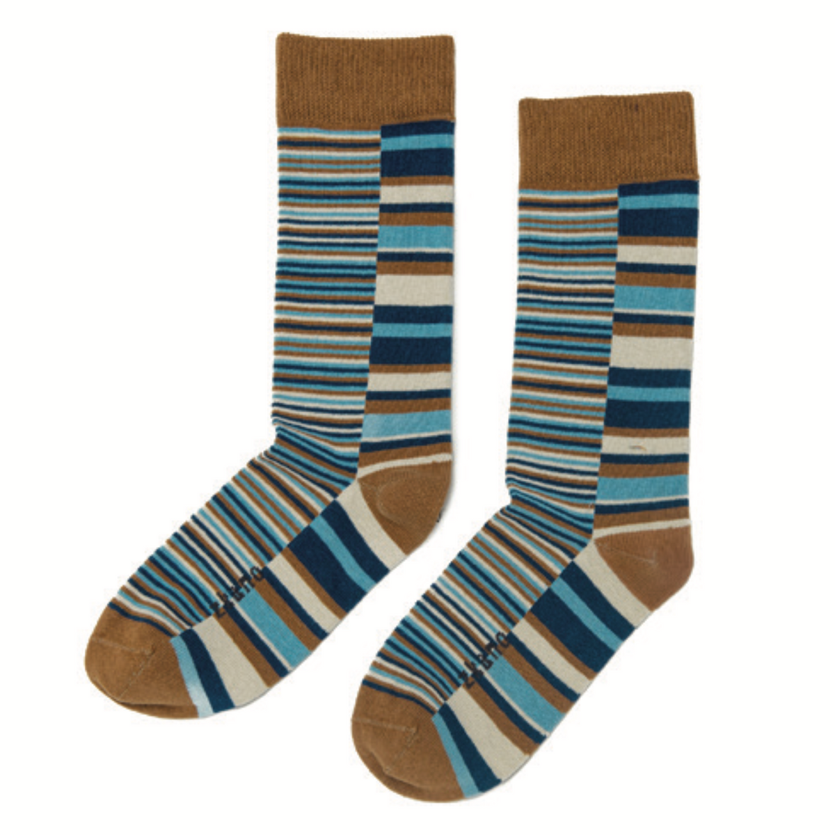Pair of Uneven Stripes Socks featuring varied horizontal stripes in shades of brown, blue, cream, and teal with solid brown cuffs, heels, and toes.