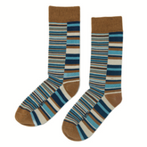 Pair of Uneven Stripes Socks featuring varied horizontal stripes in shades of brown, blue, cream, and teal with solid brown cuffs, heels, and toes.