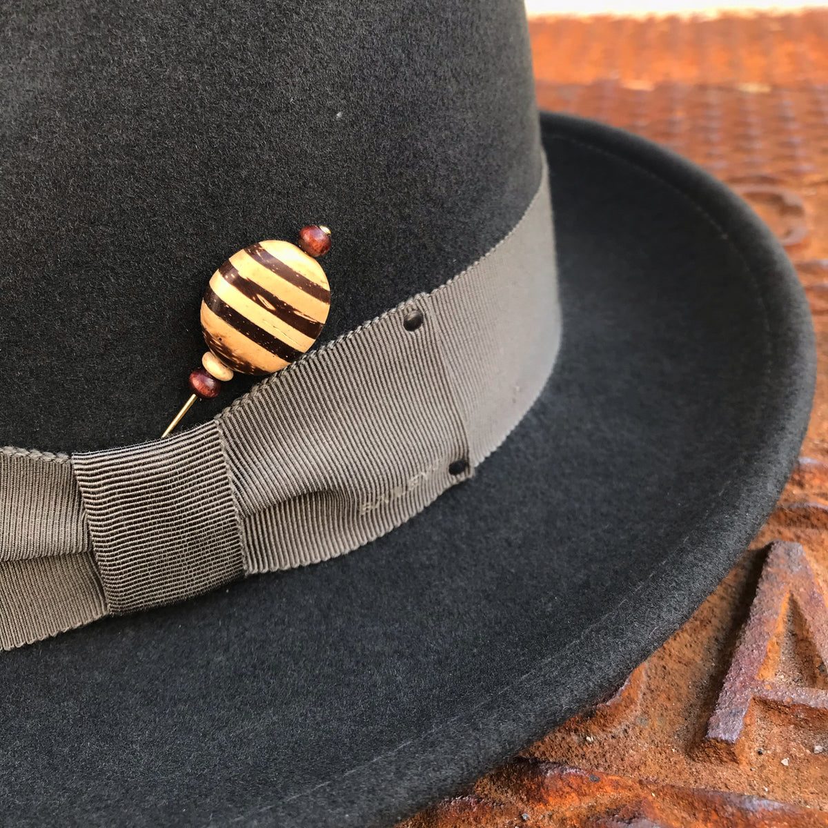 Striped Wooden Oval Hat Pin